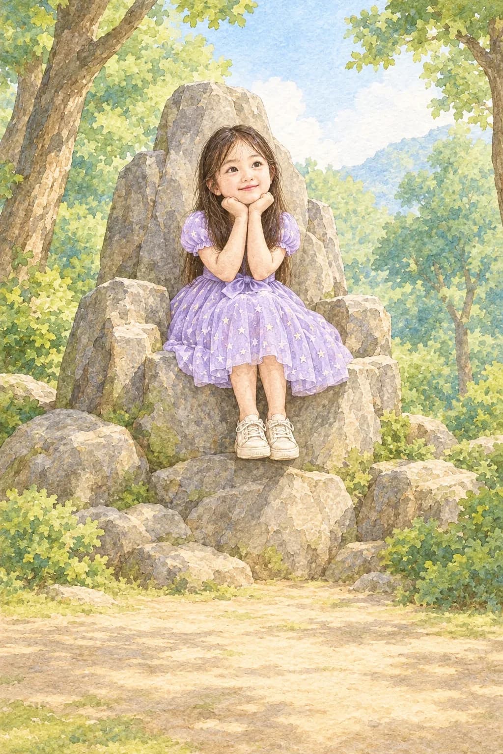 보라색 드레스를 입은 하린이가 숲속 바위에 앉아 있는 수채화 동화