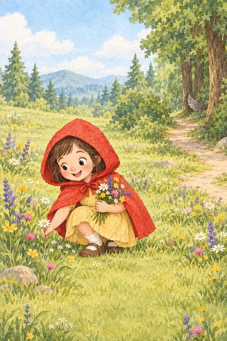꽃밭을 걷는 빨간 모자와 늑대 삽화