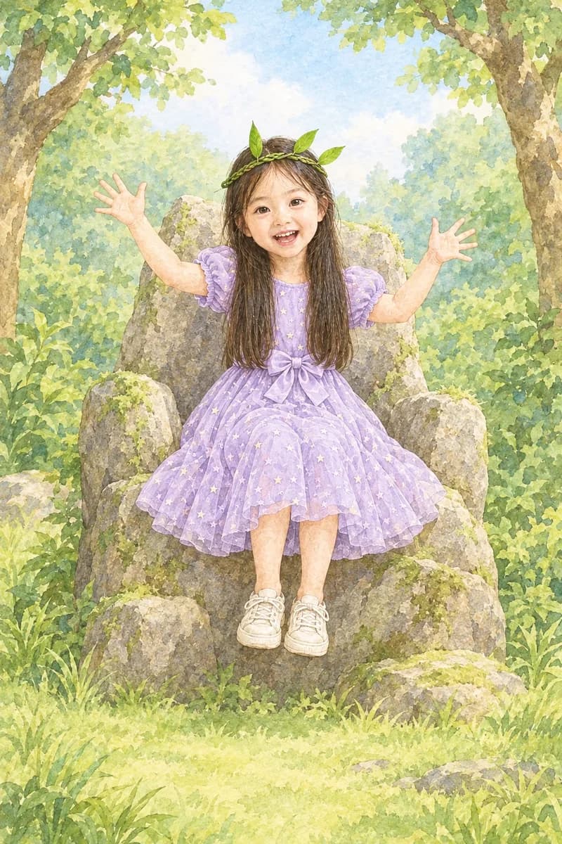 초록 왕관을 쓰고 숲에 서 있는 동화 속 아이